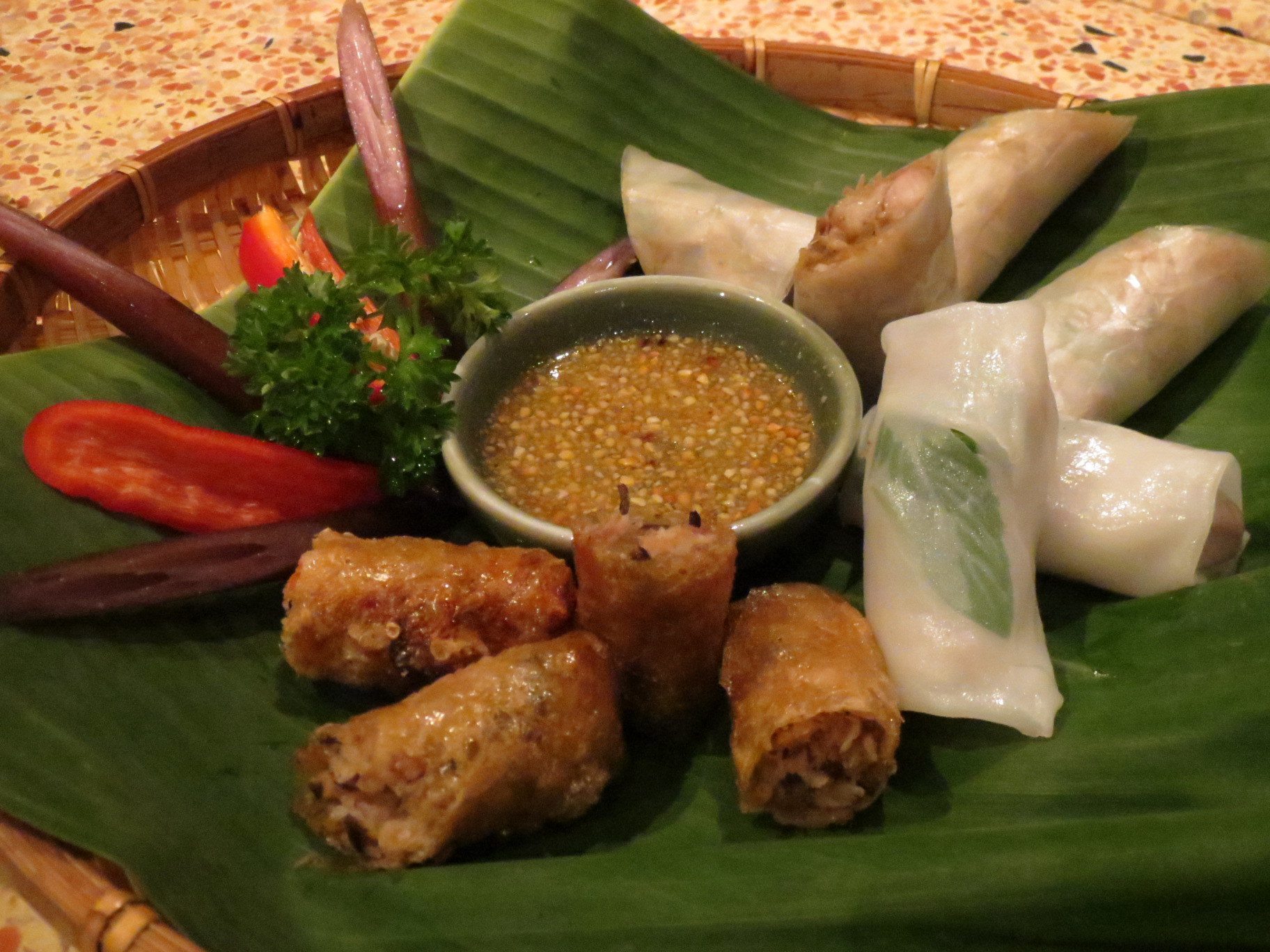 Second starter: fried and fresh spring rolls