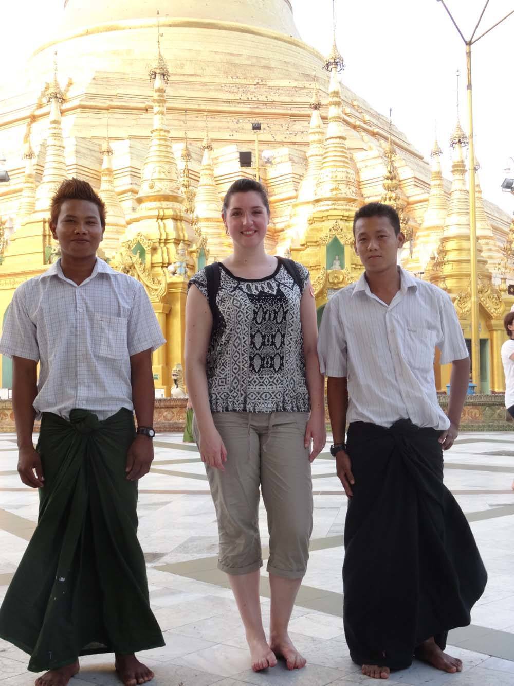 Our Enfys demonstrating appropriate dress at Shwedagon Pagoda.
