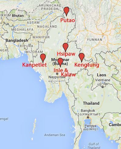 Map of Burma's hiking spots