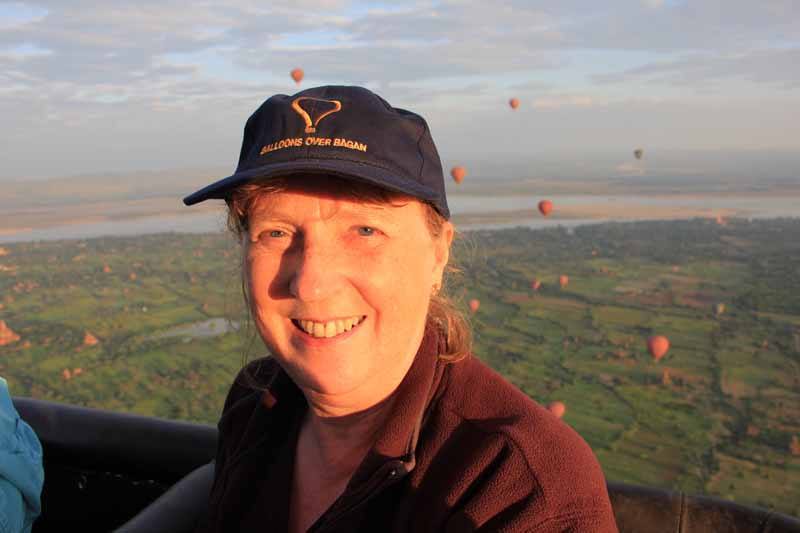Lesley Greenhill, another passenger on the Beautiful Burma tour, enjoys a hot air balloon ride over Bagan