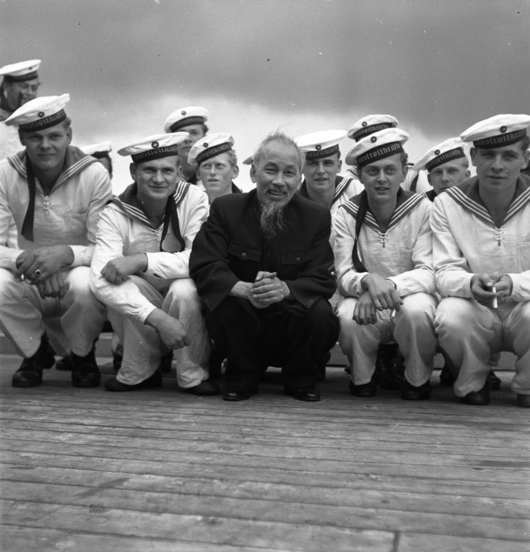 Ho Chi Minh with East German sailors in Straslund Harbour, 1957