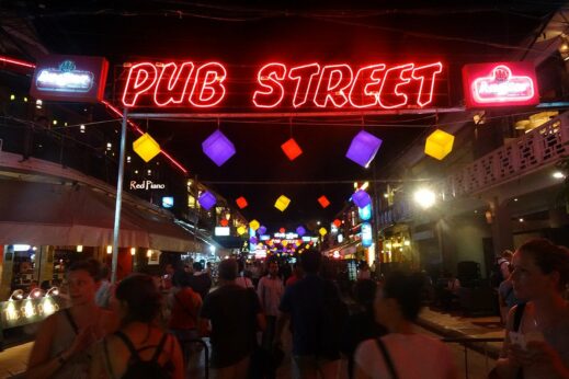Siem Reap's pub street neon lights by night