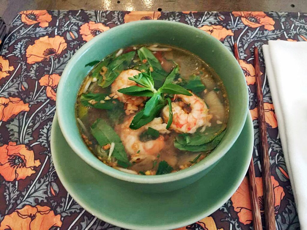 Canh chua tôm – Sour soup with prawns, pineapple, tamarind paste and okra