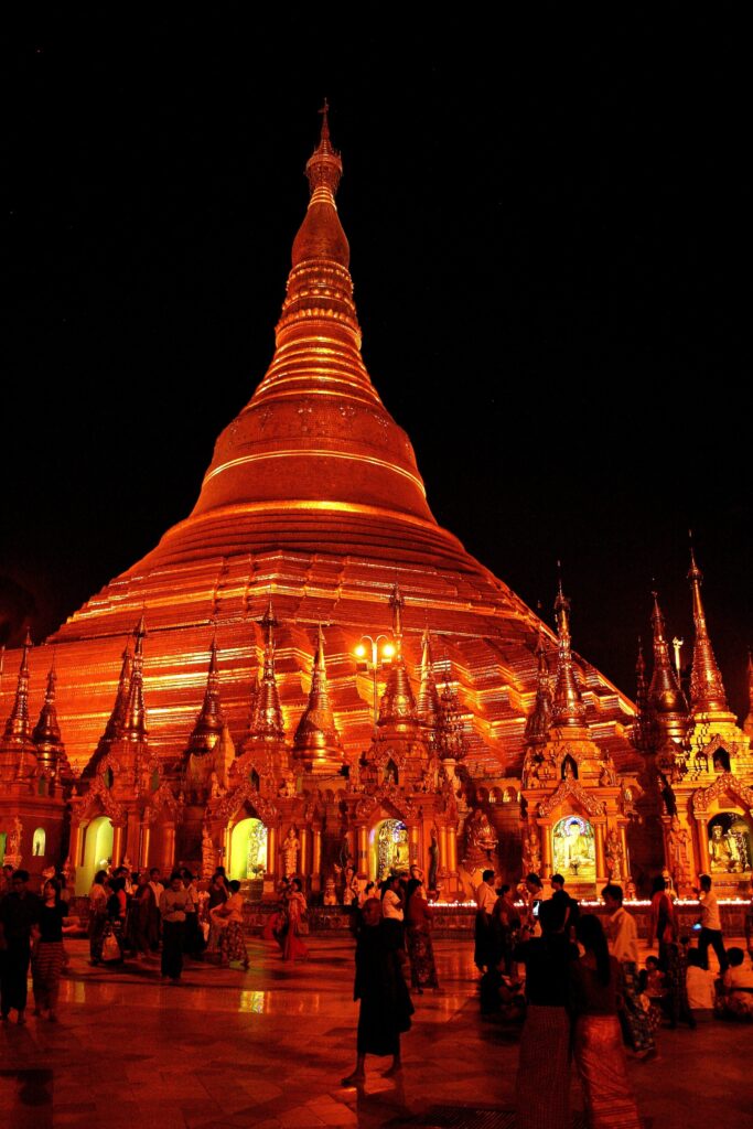Night time scene at Shwedagon Pagoda in Yangon, Burma (Myanmar)
