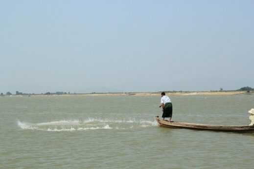 Hsithe fisherman casting his net into the Irrawaddy River, Burma (Myanmar)