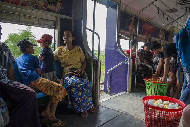 Local people inside Yangon's circle train, Burma (Myanmar)