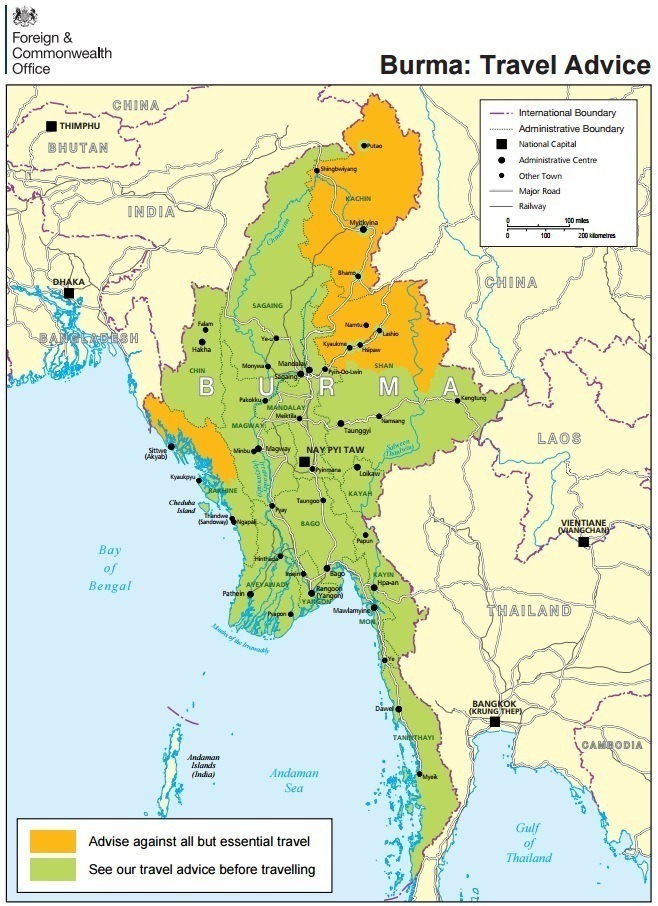 Foreign office travel advice map, is it safe to visit Burma?