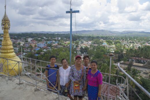 A family up a pagoda in Burma in May