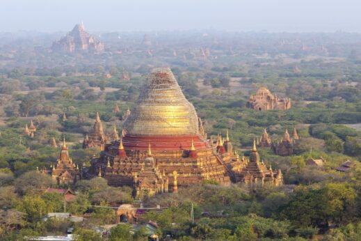 Close up of pagoda in Bagan from hot air balloon
